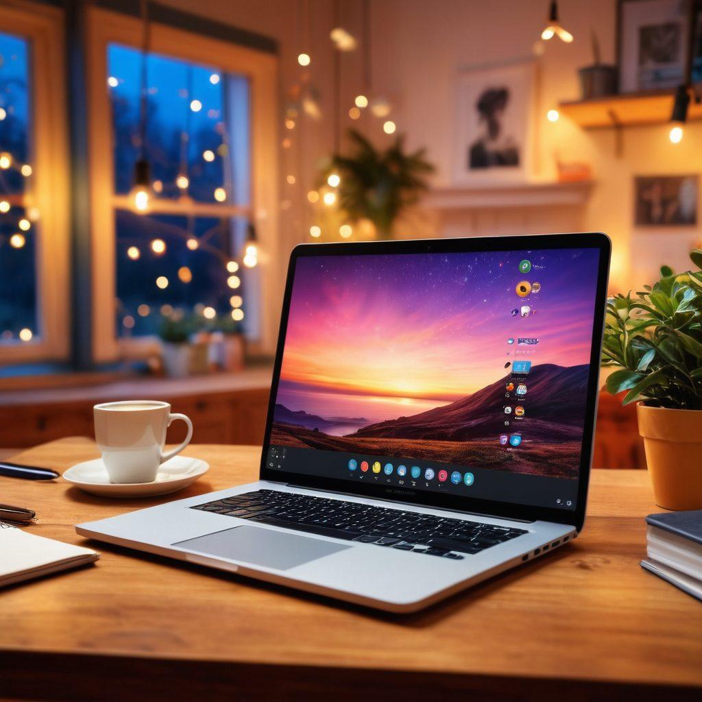 A captivating digital storytelling scene featuring an open laptop with a vibrant screen displaying engaging visuals and text. Surrounding the laptop, a cozy workspace filled with colorful notebooks, a warm cup of coffee, and hanging fairy lights to create an inviting atmosphere. Include various digital elements like icons of social media and a quill pen, symbolizing creativity and connection. The background should be softly blurred to keep the focus on the laptop. super-realistic. warm tones. inviting ambiance.