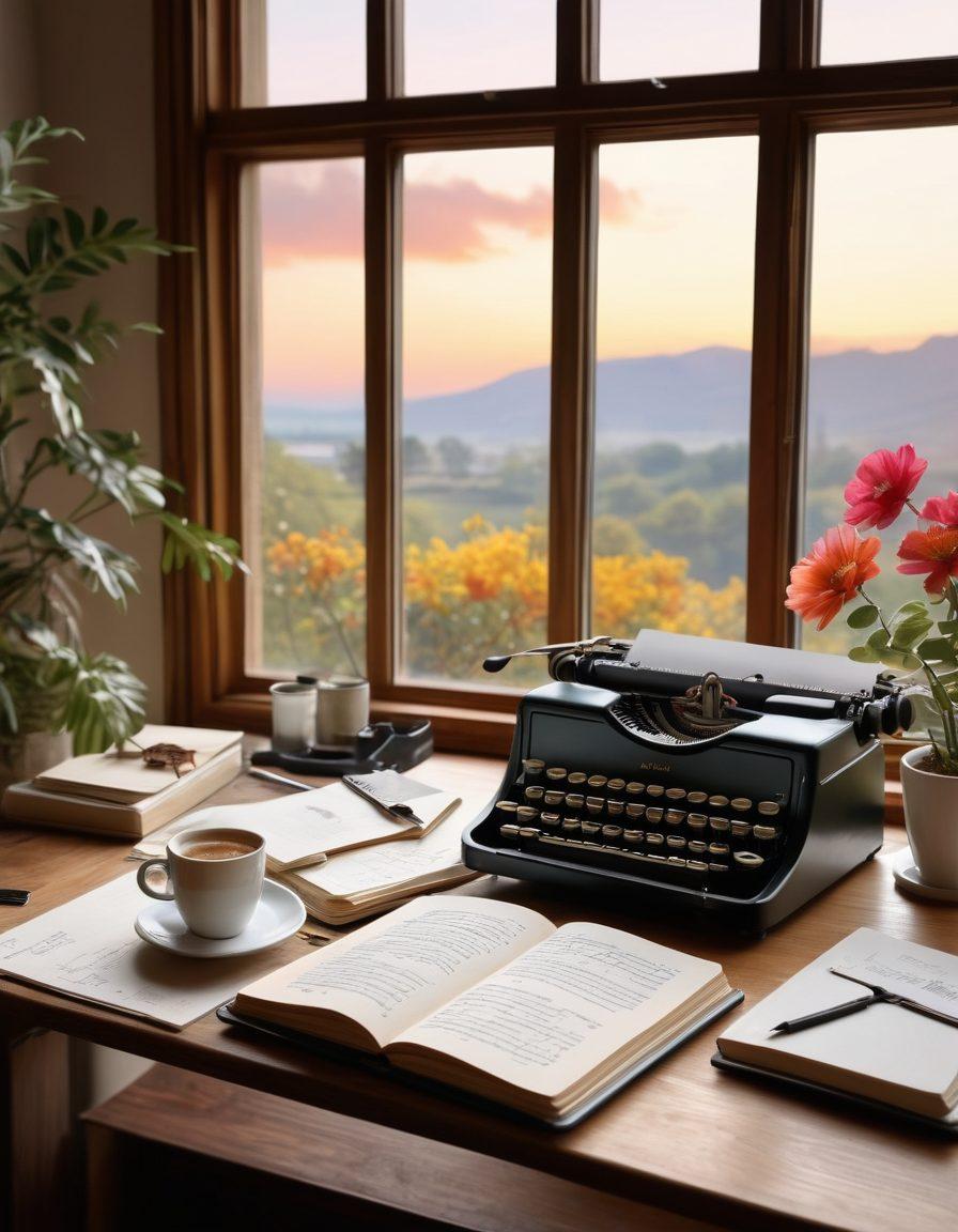 A digital workspace featuring a blooming, open journal with handwritten notes and sketches, illuminated by soft, warm light. Surrounding it are a vintage typewriter and a sleek laptop, symbolizing the evolution from traditional journaling to modern storytelling. Include elements like coffee cups, colorful art supplies, and a window view of an inspiring landscape. The scene evokes creativity and transformation. super-realistic. vibrant colors. cozy atmosphere.