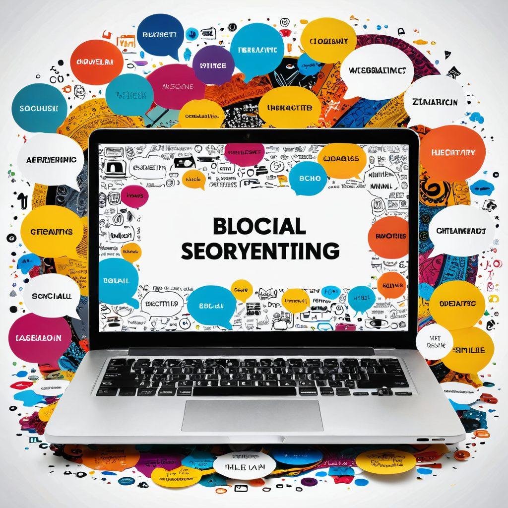 A visually striking open laptop in the center surrounded by floating speech bubbles filled with captivating blog titles. In the background, a colorful tapestry of digital storytelling elements like pens, paper, and social media icons, symbolizing creativity and engagement. The setting is vibrant and inviting, radiating inspiration. super-realistic. vibrant colors. white background.